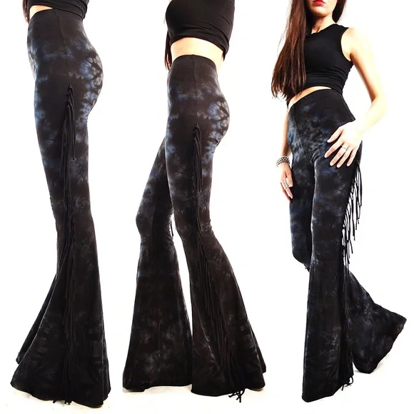 REGULAR LENGTH High Waisted Fringe Bell Bottoms in BLACK & GREY TIE DYE - Rocker - Picture 3 of 7